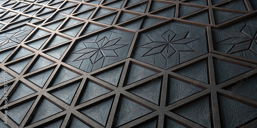 Poster A black and white image of a floor with a pattern of triangles and squares