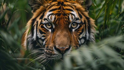 Fototapeta premium Tiger's Gaze Through Green Foliage