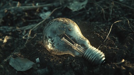Abandoned light bulb in polluted soil highlighting environmental concerns