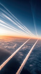 Airplane contrails above clouds at sunset representing environmental impact