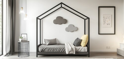Children's room mockup with gray house bed, cloud decorations, and black metal table.