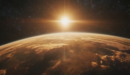 Obraz premium A stunning view of Earth from space, with the sun rising over Europe and Central Asia, symbolizes hope for a new beginning in global environmental action.