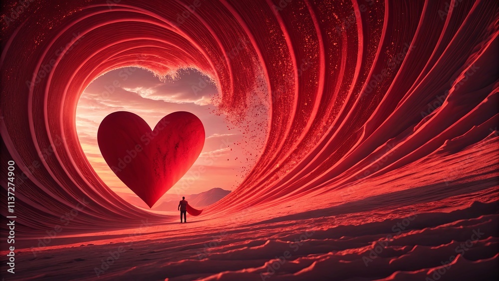 Poster a man is standing in front of a large red heart