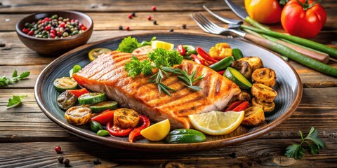 Grilled salmon and vegetables on wooden dinner table, grilled, salmon, vegetables, wood, dinner, table, cooked, fish