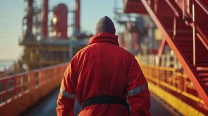 Obraz premium Oil Rig Worker Walking Towards Sunset on Offshore Platform
