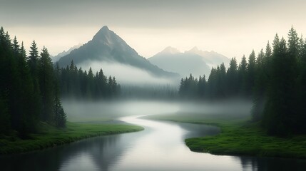Immersive wilderness landscape with sinuous river system cutting through emerald forest, subtle human presence. Ultra-Realistic, Photo Realistic, highly detailed, 