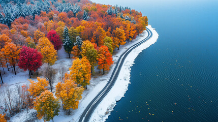 Winding mountain road through snowy coniferous forest with lake aside . aerial view on winter day