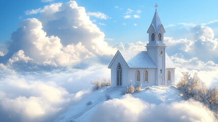 church emerging from the clouds symbolizes spiritual elevation, purity, and divine connection, representing transcendence and a higher connection with the divine amidst chaos