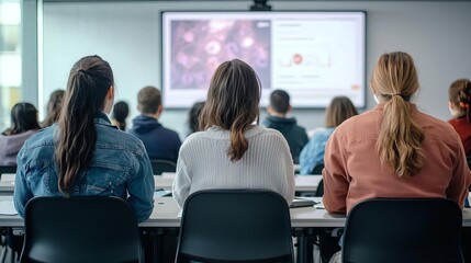 A diverse group of students attentively listening to a lecture in a modern classroom setting.