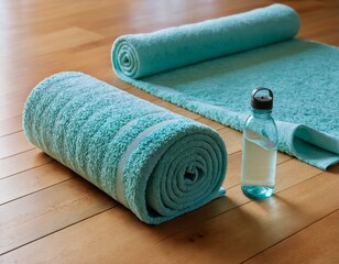 towel roll gym yoga mat fitness in the wood floor excersice spa sauna hotel cotton bath