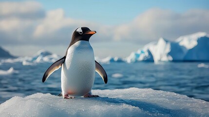 Obraz premium A penguin standing on an iceberg, surrounded by ocean and ice formations, showcasing the beauty of polar wildlife.