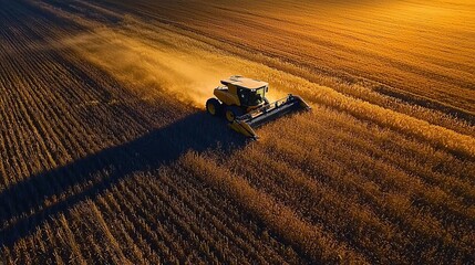 Aerial view of a combine harvester in action on a golden wheat field during sunset, showcasing agricultural productivity.