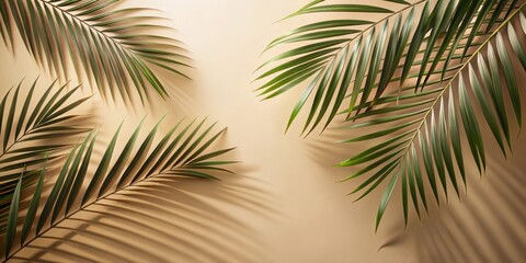 Obraz premium Palm leaves shadows, beige background freeze motion, palm leaves, shadows, beige, background, nature, tropical, plants