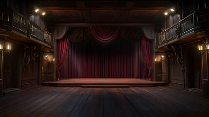 Wooden stage with crimson velvet curtains and dramatic theatre lighting