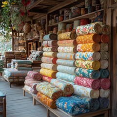 Fototapeta premium Traditional textile shop with colorful patterns and fabric on display