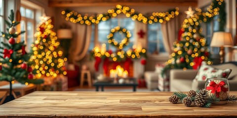 Empty wood table with a blurred Christmas living room in the background, creating a cozy and festive atmosphere, holiday, living room