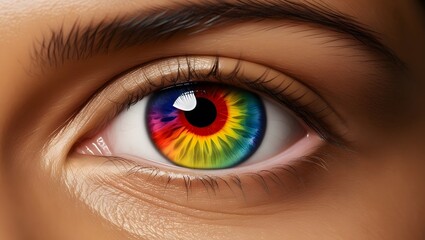 Fototapeta premium Unique Close-Up of a Human Eye With Vibrant Multicolored Iris Displaying Rainbow Hues in a Bright Setting. Generative AI