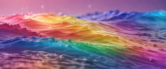 Rainbow colored liquid waves rippling on gradient light surface, glossy, ripple, vibrant