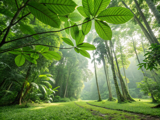 Fototapeta premium sun rays in the forest. tree, forest, nature, tropical, jungle, palm, trees, rainforest, plant, leaves, landscape, garden, park, summer, plants, path, leaf, grass, rain forest, water, sky, fern, trave