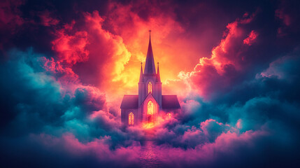 Fototapeta premium church emerging from the clouds symbolizes spiritual elevation, purity, and divine connection, representing transcendence and a higher connection with the divine amidst chaos