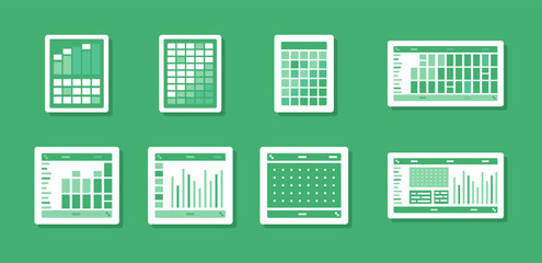Spreadsheet flat illustration. Financial accounting report concept. office things for planning accounting, analysis, audit, project management, marketing, research vector set. Infographic UI Elements