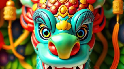 Fototapeta premium Colorful Chinese dragon mask with intricate details and vibrant colors, symbolizing tradition, culture, and festive celebration.