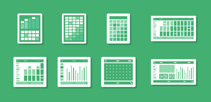 Spreadsheet flat illustration. Financial accounting report concept. office things for planning accounting, analysis, audit, project management, marketing, research vector set. Infographic UI Elements