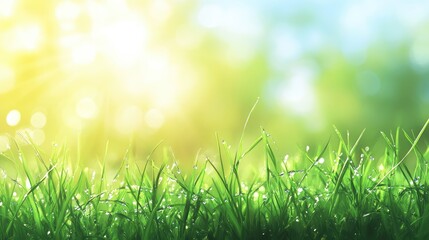 Fototapeta premium A close-up of freshly mowed grass on a sunny day with morning dew drops glistening