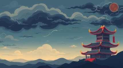 Fototapeta premium Stormy Chinese-inspired landscape with glowing red temples and dramatic clouds, creating an intense and artistic cultural atmosphere.