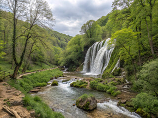Obraz premium waterfall in the forest. waterfall, water, nature, river, forest, landscape, stream, cascade, rock, falls, mountain, fall, rocks, stone, green, flow, flowing, park, beautiful, waterfalls, creek, natur