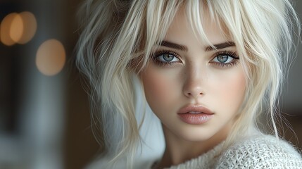 Naklejka premium Sophisticated nordic beauty blonde woman white knit sweater natural lighting minimalist aesthetic editorial composition. Ultra-Realistic, Photo Realistic, highly detailed, 