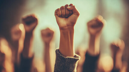 close-up of a raised fist, symbolizing unity, strength, and the fight for equality, set against a blurred, chaotic background representing the struggle against injustice and oppression