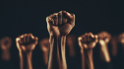 close-up of a raised fist, symbolizing unity, strength, and the fight for equality, set against a blurred, chaotic background representing the struggle against injustice and oppression