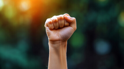 close-up of a raised fist, symbolizing unity, strength, and the fight for equality, set against a blurred, chaotic background representing the struggle against injustice and oppression