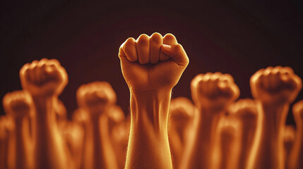 close-up of a raised fist, symbolizing unity, strength, and the fight for equality, set against a blurred, chaotic background representing the struggle against injustice and oppression