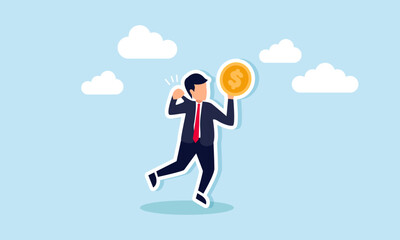 A businessman consciously pulls his own shirt while holding a dollar coin, illustration of self-awareness in restraining selfishness when seeking profit