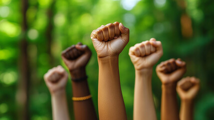 close-up of a raised fist, symbolizing unity, strength, and the fight for equality, set against a blurred, chaotic background representing the struggle against injustice and oppression