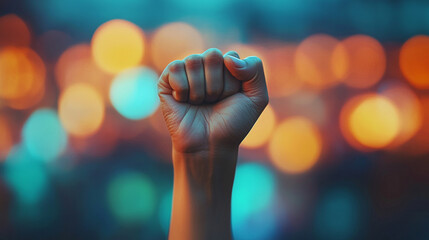 close-up of a raised fist, symbolizing unity, strength, and the fight for equality, set against a blurred, chaotic background representing the struggle against injustice and oppression