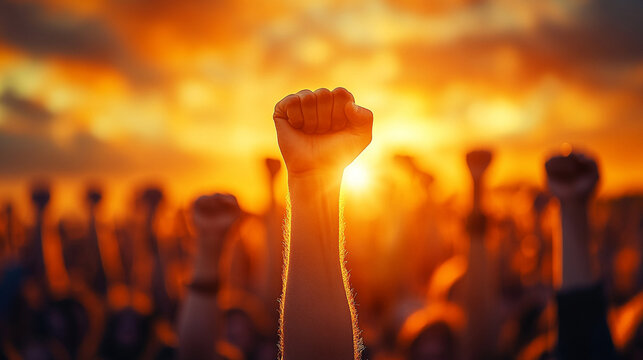close-up of a raised fist, symbolizing unity, strength, and the fight for equality, set against a blurred, chaotic background representing the struggle against injustice and oppression
