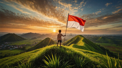A child on a hill watching the sunrise with a fluttering Indonesian flag.