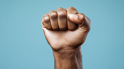 raised fist, symbolizing unity, strength, and the fight for equality, set against a blurred, chaotic background representing the struggle against injustice and oppression