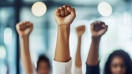 raised fist, symbolizing unity, strength, and the fight for equality, set against a blurred, chaotic background representing the struggle against injustice and oppression