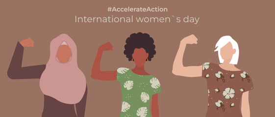 Banner of International Women's Day. A group of women of different nationalities#AccelerateAction campaign IWD2025. Vector illustration