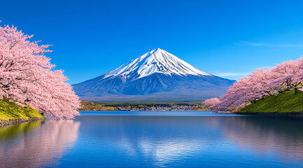 Majestic Mount Fuji with Cherry Blossoms in Full Bloom