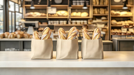 Brown paper bags with baguettes on counter in bakery, warm inviting atmosphere