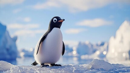 Obraz premium A charming penguin stands on the icy landscape, showcasing the beauty of its natural habitat in a serene, frozen environment.