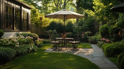 A front lawn with a patio area featuring a wrought-iron table set and an umbrella for shade
