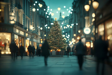 Fototapeta premium Bokeh city street at night with blurred Christmas tree and shop lights