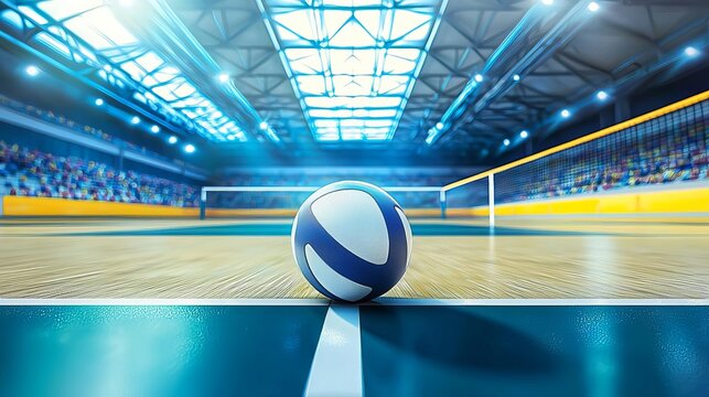 A close-up of a blue volleyball on the court, highlighting the excitement of indoor sports with a vibrant environment.