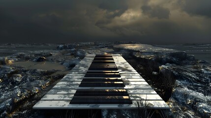 A pathway of piano keys leads to the light, through a dark landscape of rock and water.